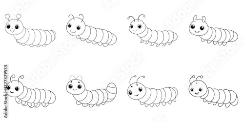 Set of Cute kawaii caterpillar cartoon character coloring page vector illustration. Wild animal, insect colouring page for kids