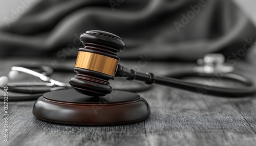 Justice hammer and stethoscope on wood, legal