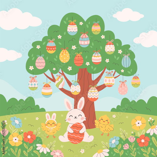 Cute tree with colorful Easter eggs, bunny, chicks on spring meadow. Spring landscape. Design for greeting cards, posters, banners, invitations. Vector illustration in flat style