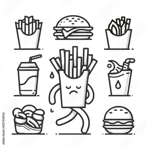 Fast food addiction illustration featuring sad fries with various fast food items, unhealthy eating habits, copy space