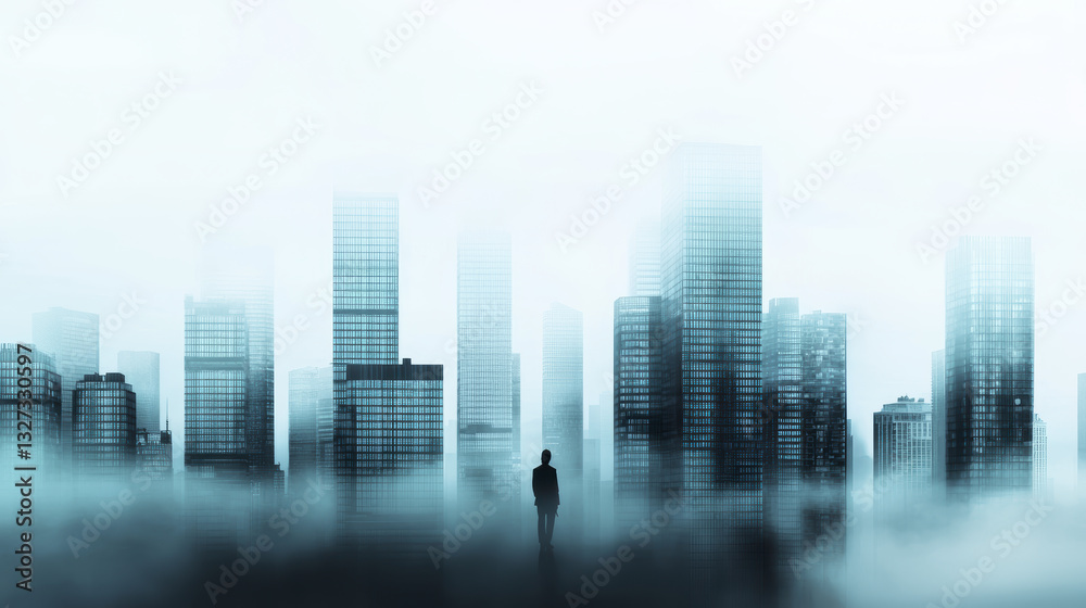 Fototapeta premium solitary figure stands amidst towering skyscrapers in foggy cityscape, evoking sense of isolation and mystery