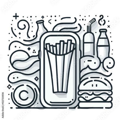 Fast food addiction illustration featuring fries and burgers with drinks, emphasizing unhealthy eating habits, copy space