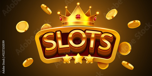 Slots golden banner. Sign with golden letters and crown.