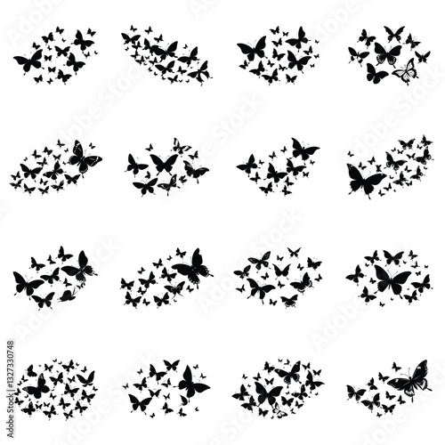 Black butterfly silhouettes flying in groups. Set of various insect swarms and patterns, isolated design elements on white.