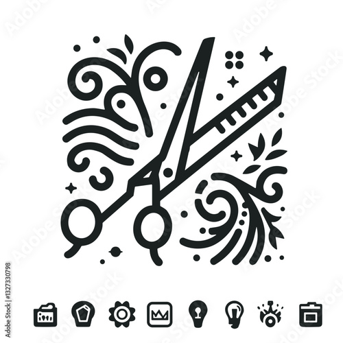 Uppercut hair cutting illustration featuring stylish scissors and decorative elements, barber shop concept, copy space