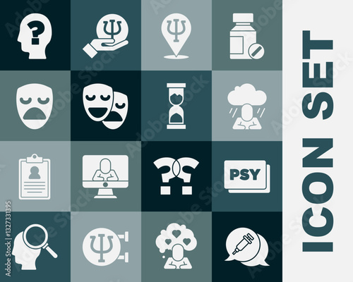 Set Addiction to the drug, Psychology, Psi, Depression, Comedy and tragedy masks, Drama theatrical, Head with question mark and Old hourglass icon. Vector
