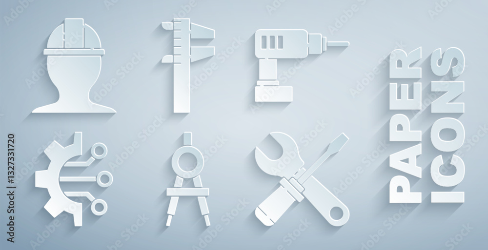 Set Drawing compass, Electric drill machine, Algorithm, Screwdriver and wrench spanner, Calliper caliper scale and Worker safety helmet icon. Vector Set Drawing compass, Electric drill machine, Algorithm, Screwdriver and wrench spanner, Calliper caliper scale and Worker safety helmet icon. Vector