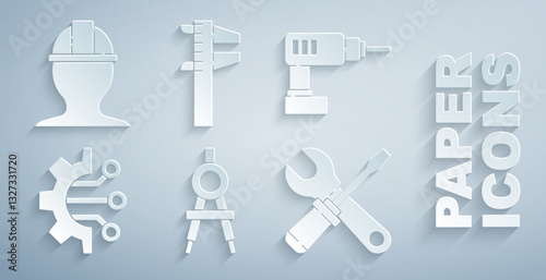 Set Drawing compass, Electric drill machine, Algorithm, Screwdriver and wrench spanner, Calliper caliper scale and Worker safety helmet icon. Vector