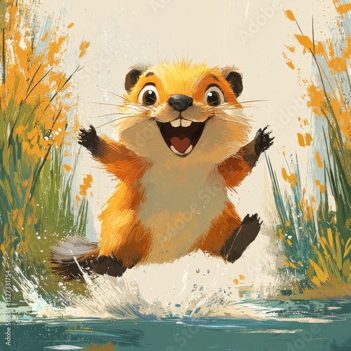 Animated Beaver Splashing Joyfully in Water amidst Lush Vegetation a Cheerful Cartoon Scene