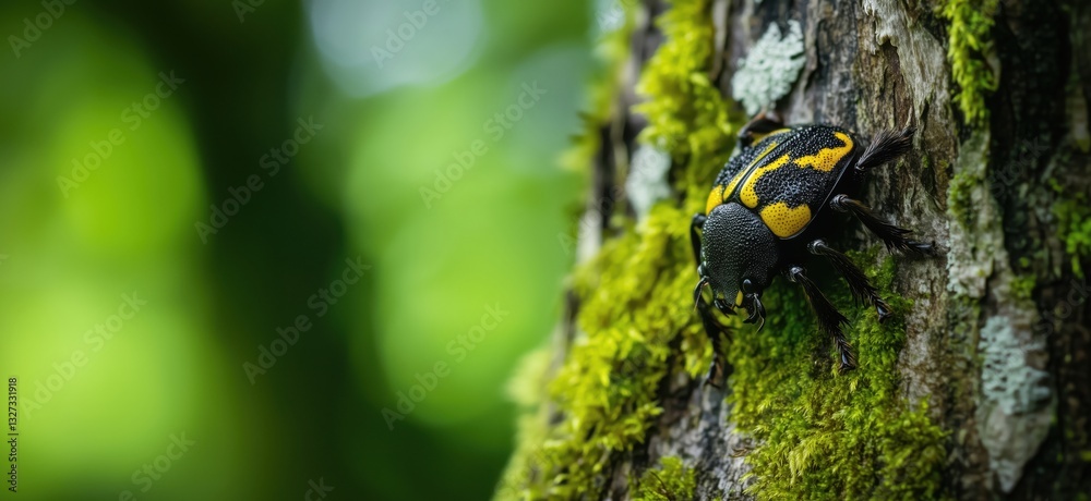 Close-up of vibrant black and yellow beetle on mossy tree bark in natural habitat Close-up of vibrant black and yellow beetle on mossy tree bark in natural habitat
