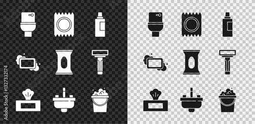 Set Toilet bowl, Condom in package safe sex, Bottle for cleaning agent, Wet wipe, Washbasin with water tap, Bucket soap suds, Bar of and icon. Vector