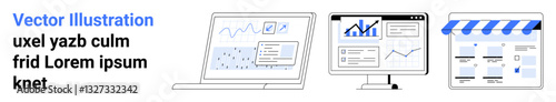 Laptop displaying data charts, desktop monitor with sales analytics, and online store interface with blue awning. Ideal for business analysis, e-commerce, web design, data visualization, marketing