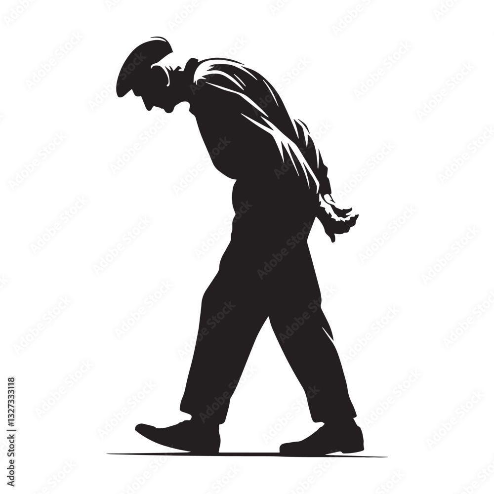 Fototapeta premium Solemn Old Man Walking Hunched Over silhouette, lost in his own world - Old Man illustration - Minimalist Old Man vector - Reflective presence 