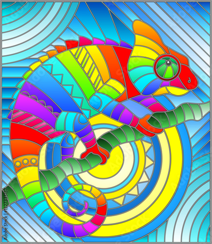 Illustration in stained glass style with abstract geometric rainbow chameleon