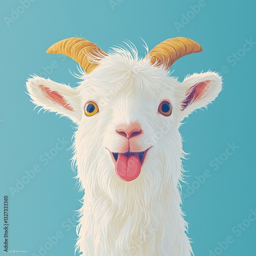 Cheerful Goat Portrait with Tongue Sticking Out Against a Light Blue Sky Background Artwork photo
