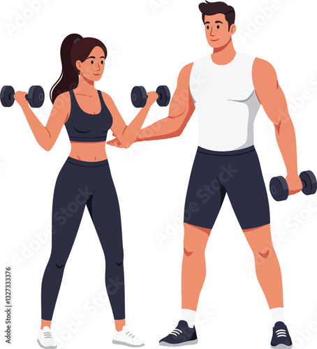 A woman and a man exercising together in a gym environment, showcasing teamwork and motivation in a flat vector illustration