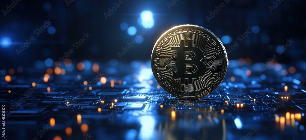 Bitcoin cryptocurrency coin on digital circuit board with glowing lights and technology background Bitcoin cryptocurrency coin on digital circuit board with glowing lights and technology background