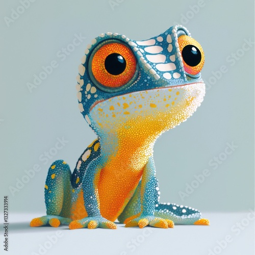 Cute Cartoon Gecko Sitting Still with Big Orange Eyes and Blue Mottled Skin Digital Illustration