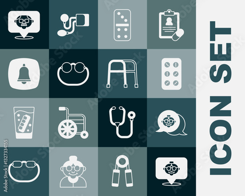 Set Grandmother, Pills in blister pack, Domino, Eyeglasses, Emergency phone call, Grandfather and Walker icon. Vector