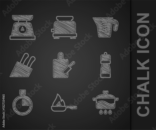 Set Cutting board and knife, Frying pan, Cooking pot, Pepper, Stopwatch, Knife, Measuring cup and Scales icon. Vector
