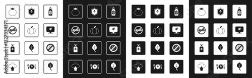 Set Essential oil bottle, Pumpkin, No GMO, Tomato, Vegan food diet, pack of milk and Organic cosmetic icon. Vector