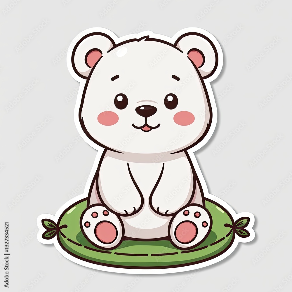 Naklejka premium Cute Cartoon Polar Bear Sitting on Leafy Green Cushion Sticker
