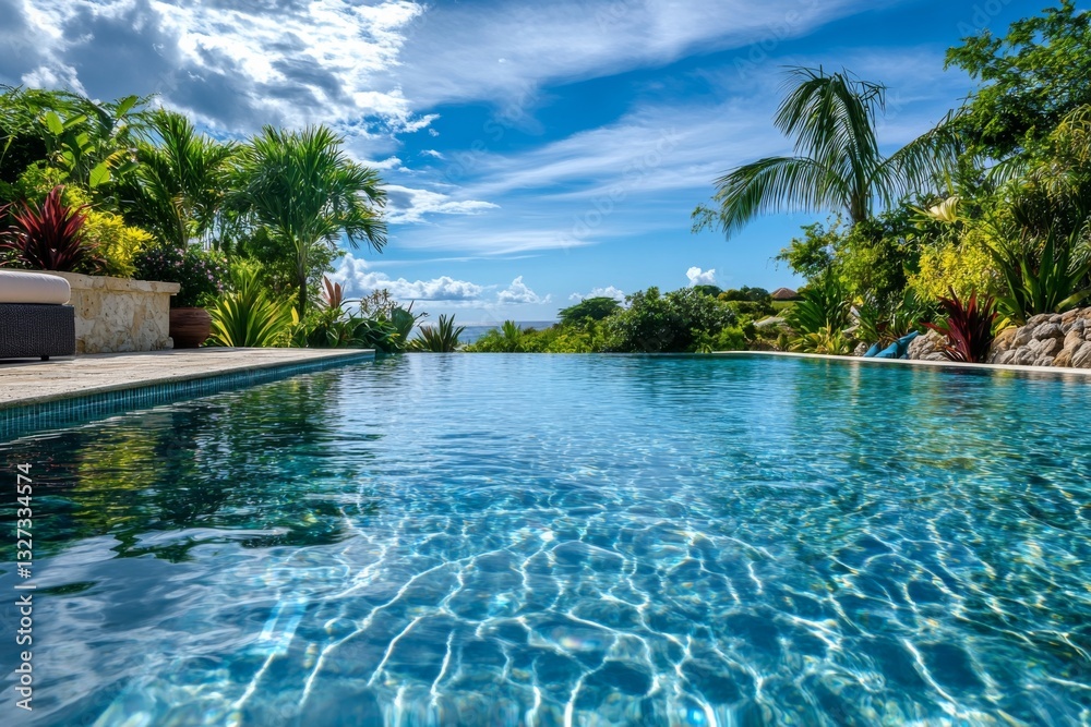 Tropical infinity pool with palm trees and blue sky reflection Tropical infinity pool with palm trees and blue sky reflection