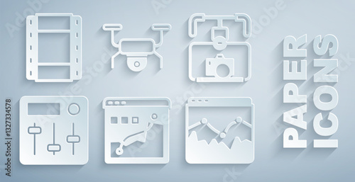 Set Histogram graph photography, Gimbal stabilizer with camera, Sound mixer controller, Music wave equalizer, Drone flying and Play Video icon. Vector