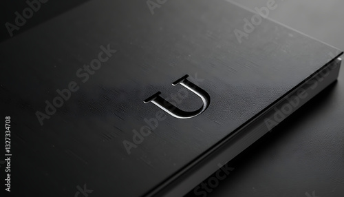 Elegant black luxury embossed logo mockup on a matte hardcover book. Premium branding presentation.