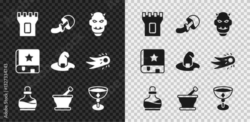 Set Castle tower, Psilocybin mushroom, Mask of the devil with horns, Bottle potion, Mortar and pestle, Medieval goblet, Ancient magic book and Witch hat icon. Vector