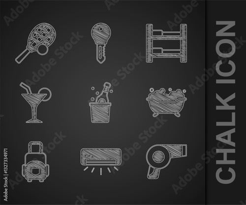 Set Bottle of champagne, Air conditioner, Hair dryer, Bathtub, Suitcase, Cocktail, Hotel room bed and Tennis racket with ball icon. Vector