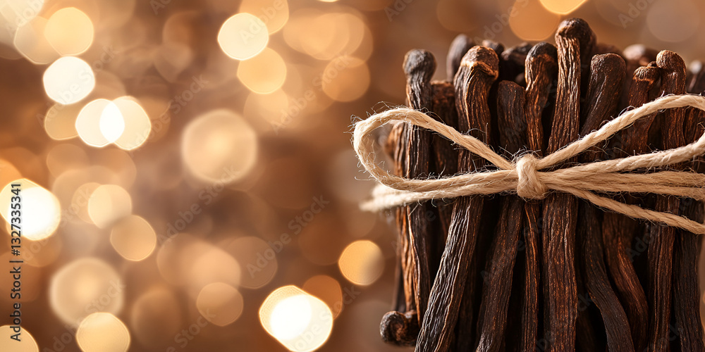 Fototapeta premium Bundle of Dried Vanilla Beans with Warm Golden Bokeh Lights