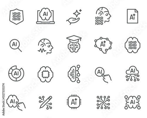 Editable vector icons in a linear style on the theme of artificial intelligence and technology. Popular AI symbols, ready for use.