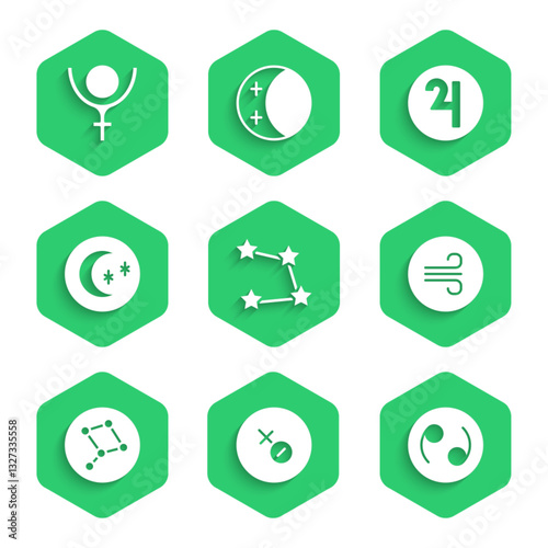 Set Star constellation zodiac, Venus symbol, Cancer, Windy weather, Great Bear, Moon and stars, Symbol Jupiter and Pluto icon. Vector