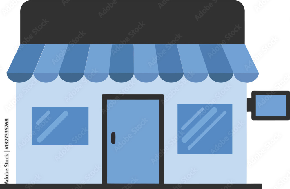 Small blue storefront with a black awning and large windows in a flat design vector illustration