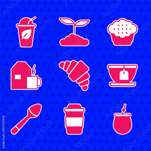 Set Croissant, Cup of tea, Mate, with bag, Teaspoon, milk, Muffin and leaf icon. Vector