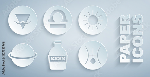 Set Bottle of water, Sun, Planet Saturn, Symbol Uranus, Libra zodiac and Earth element icon. Vector
