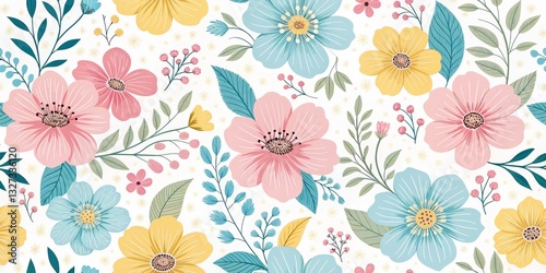 Colorful Floral Pattern with Pink, Blue and Yellow Flowers, wallpaper , textile
