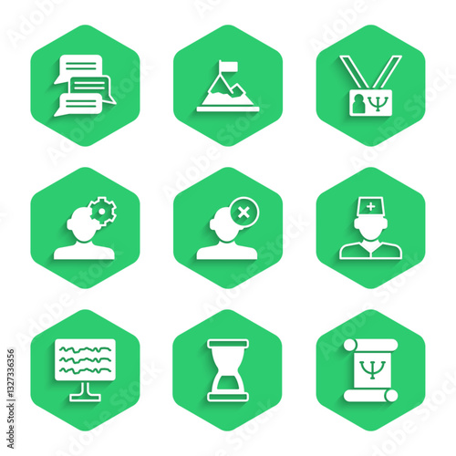 Set Solution problem in psychology, Old hourglass, Psychology book, Male doctor, Encephalogram, and Online psychological counseling icon. Vector