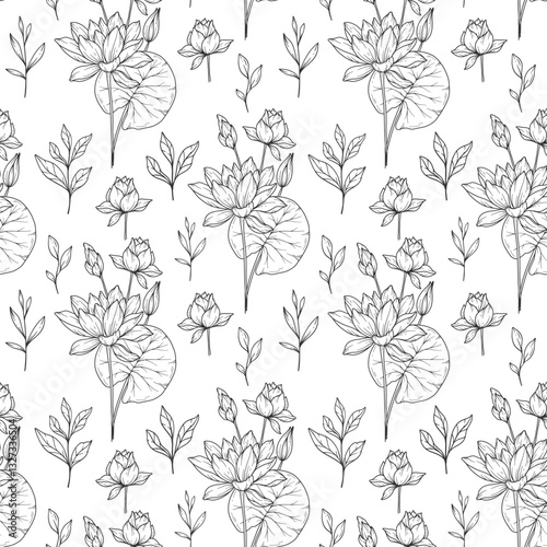 Floral seamless background line art. Water Lily seamless pattern. Floral background with Water Lily . July birth month flower line art. Botanical Background for wrapping paper, textile