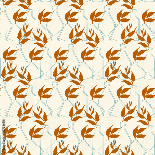 Vases simple seamless pattern. Red leaves branch in blue pot. Neutral art print for pottery class