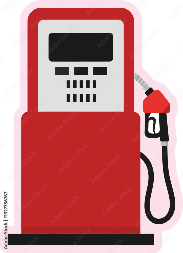 Bright red fuel pump at a gas station designed in a minimal vector art style with a sleek appearance and detailed features, showcasing its purpose and functionality in everyday life