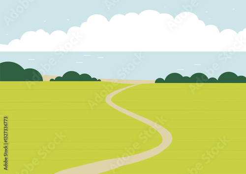 Countryside landscape scene with green wheat fields. Skyline with clouds farmland flat cartoon style