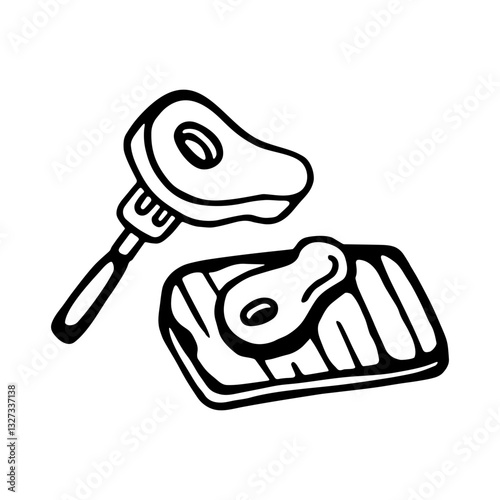 Vector black and white image of meat steaks, with kitchen board and fork, on white isolated background