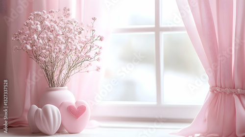 Light Pink Curtains with Heart Design, Valentinea??s Decor by the Window photo