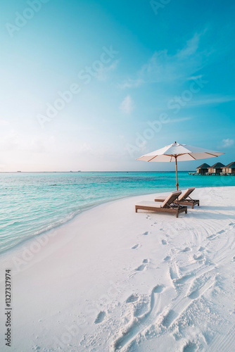 White beach with two sun loungers and an umbrella. Exotic vacation