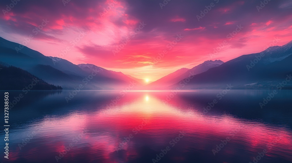 Stunning Sunrise Over Misty Mountains Reflected in Calm Lake Stunning Sunrise Over Misty Mountains Reflected in Calm Lake