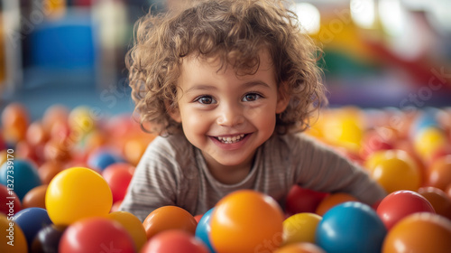 Happy Child Playing in Colorful Ball Pit at Indoor Playground