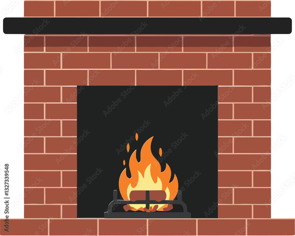 Cozy brick fireplace with a warm glowing fire in a minimal flat design vector illustration