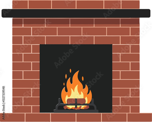 Obraz na płótnie Cozy brick fireplace with a warm glowing fire in a minimal flat design vector illustration w salonie